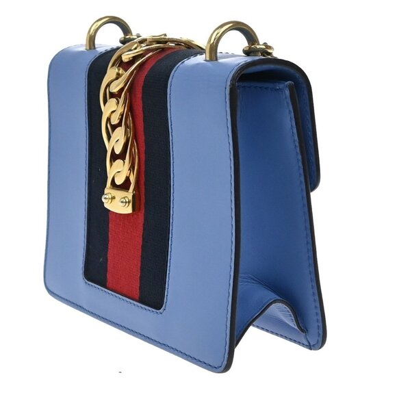 GUCCI Logo Sylvie Chain Mini Shoulder Bag Leather Blue GHW Italy 15EF777 - Picture 3 of 14
